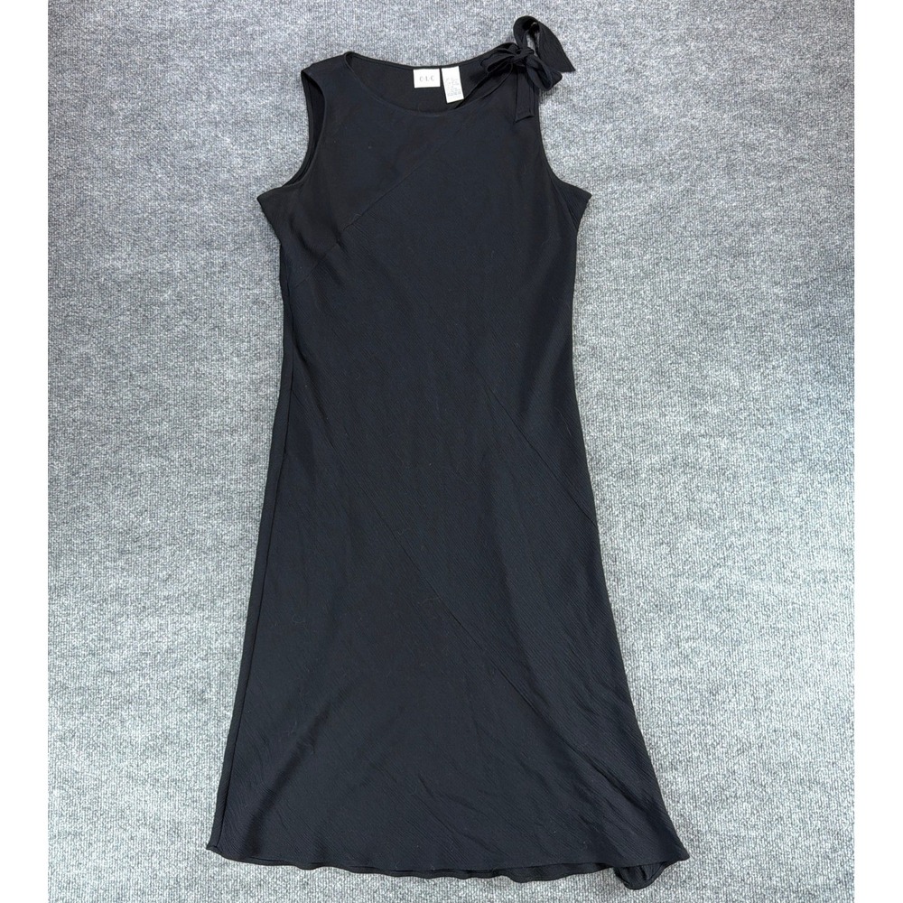 CLC Vintage Black Sleeveless Midi Dress Bow Shoulder Textured Rayon Blend Sz 14